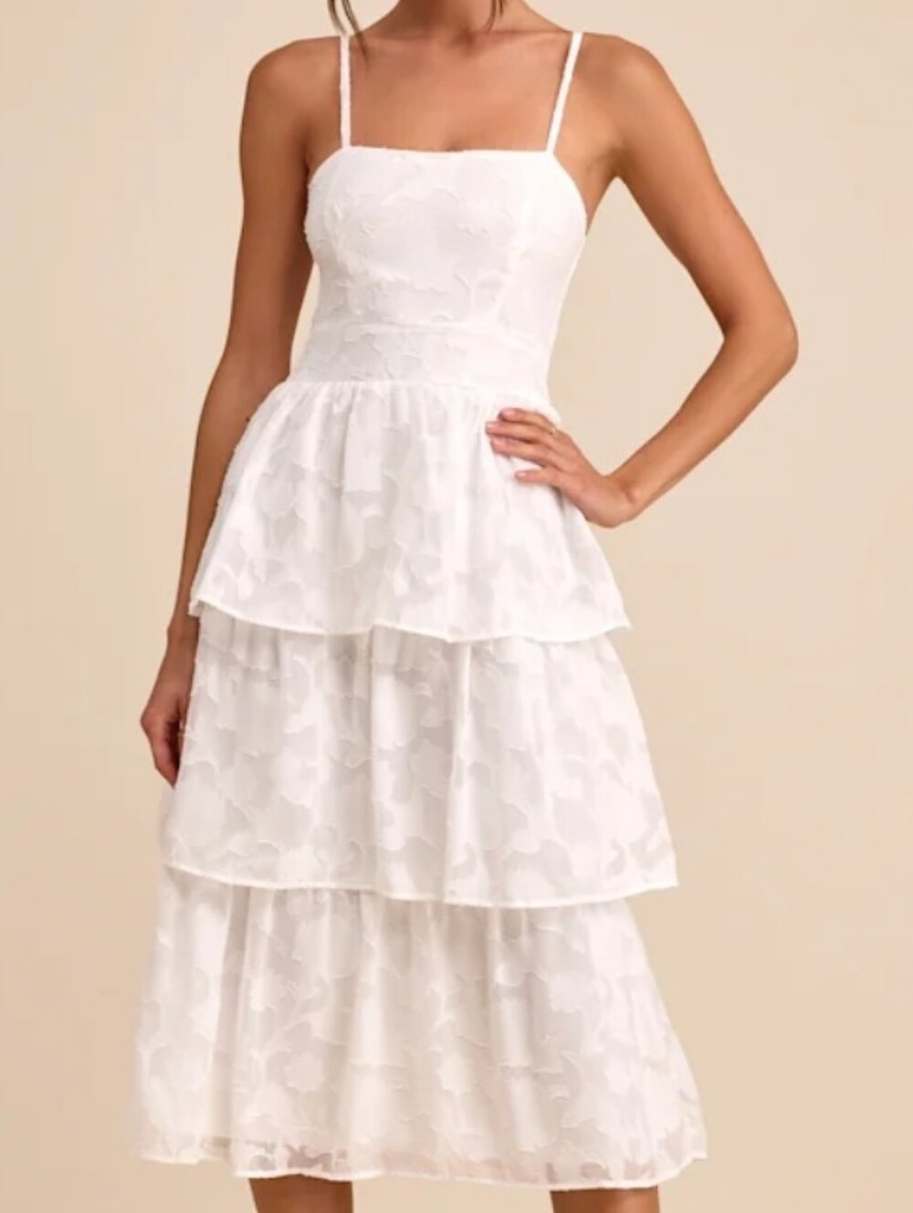Lulu's White Tiered Jacquard Spaghetti Strap Midi  Dress Size Small